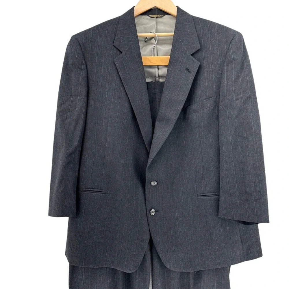 VTG 80s ACTWU‎ Union Made Bespoke Man In Wool Pinstripe Suit Charcoal 2 Button
